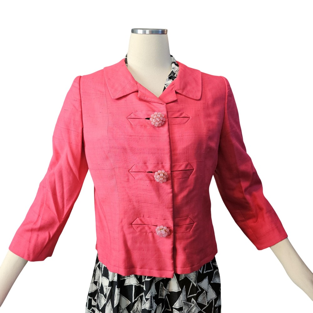 Vintage 1960's Jacket Bright Pink Half Sleeve Beaded Buttons Blazer Barbie